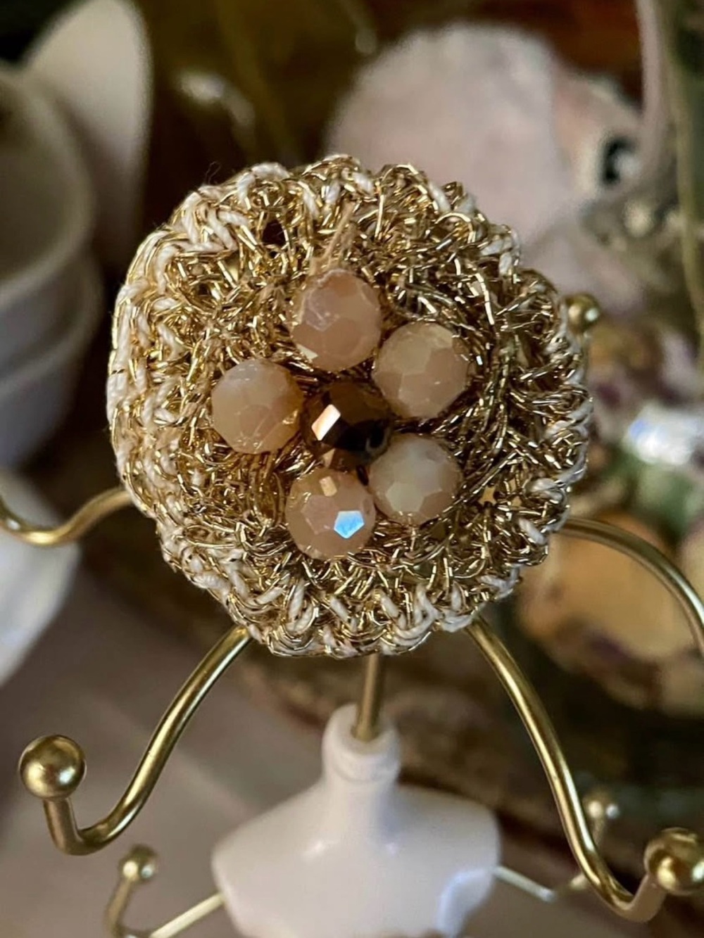Gold-Tone Crochet Ring with Champagne Bead Cluster